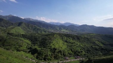 Green hills covered with forest and high mountains of Trans-Ili Alatau. Top view from drone. A road runs through the gorge, cars are driving along it. There are many coniferous trees. City is far away