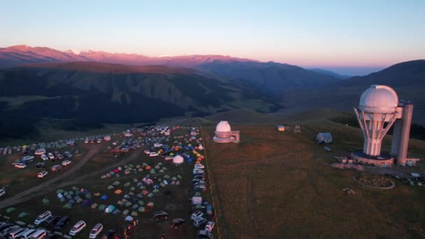 Bright Dawn Assy Turgen Observatory Mountains Aerial View Drone Camp — Stockvideo