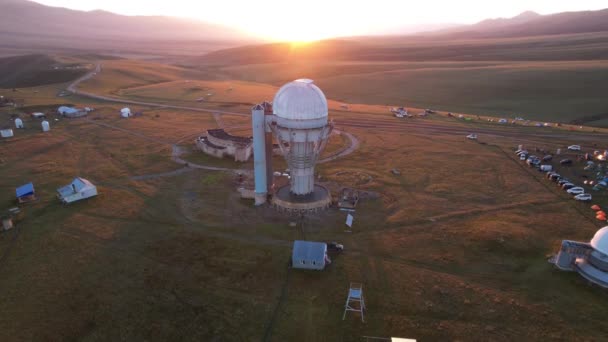 Bright Dawn Assy Turgen Observatory Mountains Aerial View Drone Camp — 图库视频影像