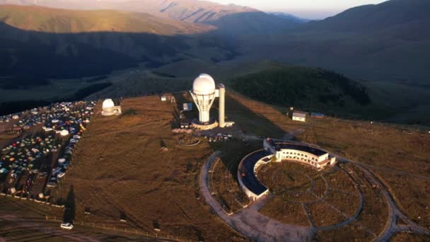 Bright Dawn Assy Turgen Observatory Mountains Aerial View Drone Camp — 图库视频影像