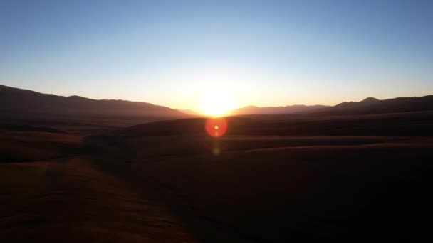 Bright Yellow Dawn Red Shade Mountains Green Hills Grass Turned — Stockvideo