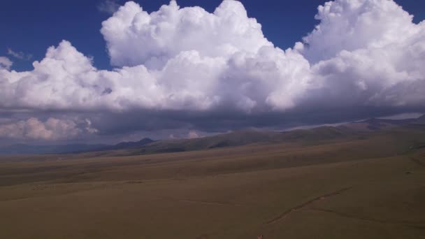 Endless Green Fields Mountains Big Clouds Tourists Walk Places Herd — Vídeos de Stock