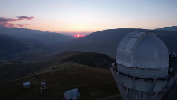 Two Large Telescope Domes Sunset Drone View Assy Turgen Observatory — Wideo stockowe