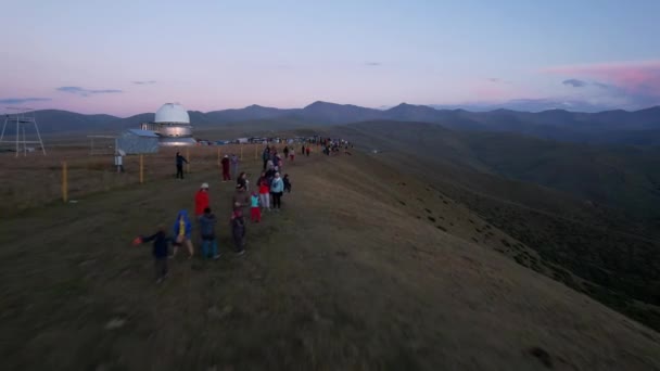 Two Large Telescope Domes Sunset Drone View Assy Turgen Observatory — Stockvideo