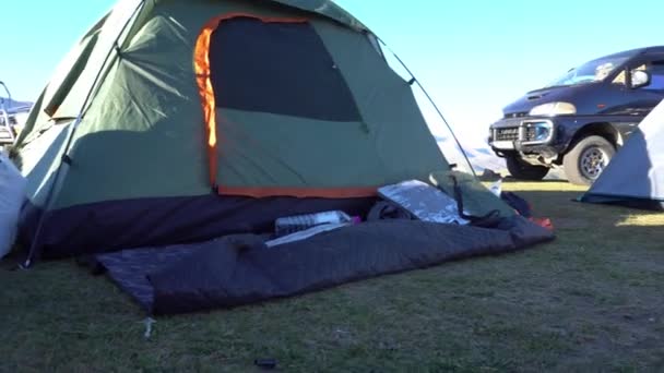 Tent Camp View Green Hills Forests Morning Long Shadows Tents — Stockvideo