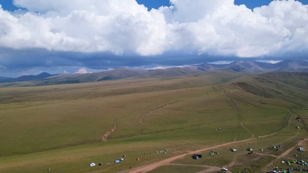 Big White Clouds Green Hills Mountains Top View Drone Endless — Fotografia de Stock