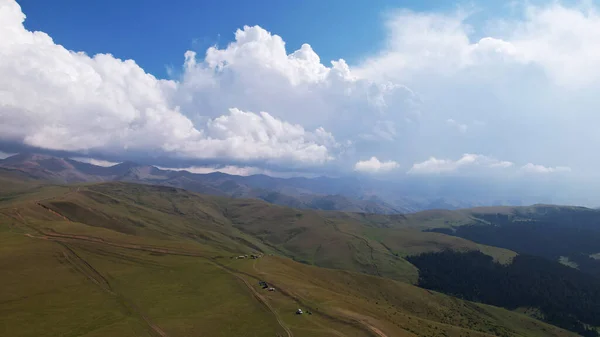 Big White Clouds Green Hills Mountains Top View Drone Endless — Foto de Stock