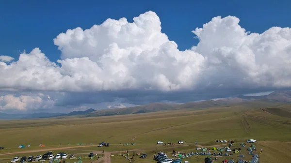 Big White Clouds Green Hills Mountains Top View Drone Endless — Stock Fotó