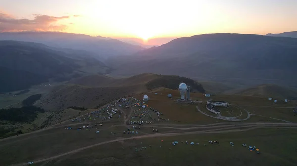 Two Large Telescope Domes Sunset Drone View Assy Turgen Observatory — Foto de Stock