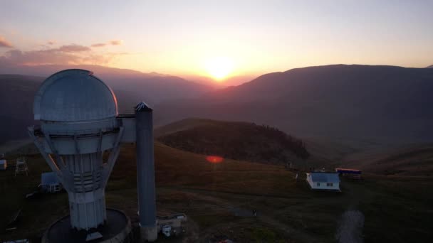 Two Large Telescope Domes Sunset Drone View Assy Turgen Observatory — 图库视频影像