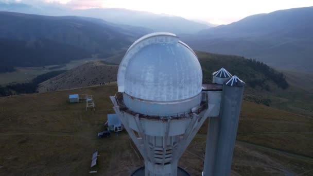 Two Large Telescope Domes Sunset Drone View Assy Turgen Observatory — Vídeo de stock