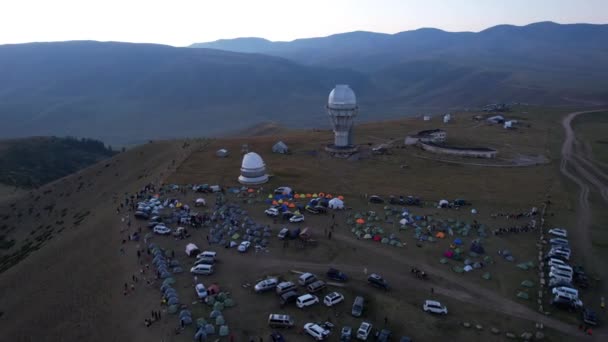 Two Large Telescope Domes Sunset Drone View Assy Turgen Observatory — Vídeo de Stock