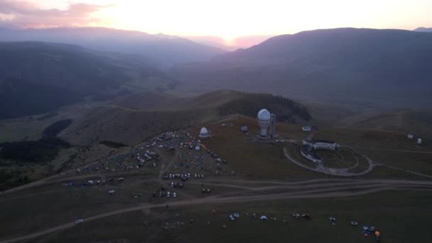 Two Large Telescope Domes Sunset Drone View Assy Turgen Observatory — Videoclip de stoc