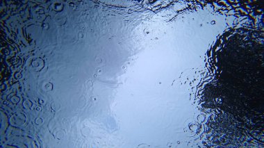 Suyun altından gökyüzüne ve yağmura bak. Damlalar suyun yüzeyine düşer ve su çemberleri oluşturur. Gri bulutlar ve mavi gökyüzü görülebilir. Koyu yeşil renkli ağaçlar. Sıra dışı bir bakış.