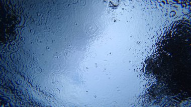 Suyun altından gökyüzüne ve yağmura bak. Damlalar suyun yüzeyine düşer ve su çemberleri oluşturur. Gri bulutlar ve mavi gökyüzü görülebilir. Koyu yeşil renkli ağaçlar. Sıra dışı bir bakış.