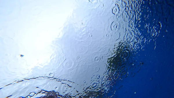 View from under the water to the sky and rain. Drops fall on the surface of the water create water circles. Gray clouds and blue sky are visible. Dark green highlights of trees. An unusual look