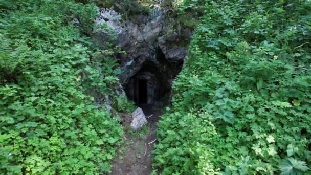 Versteckter Eingang Zur Höhle Zwischen Grünem Gras Und Büschen Bergiges — Stockvideo