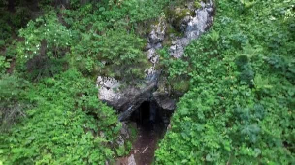 Entrada Oculta Cueva Entre Hierba Verde Arbustos Terreno Montañoso Camino — Vídeos de Stock