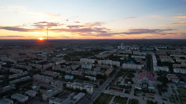 Orange Sunset Small Town Top View Drone Sun Sinking Horizon — стоковое фото