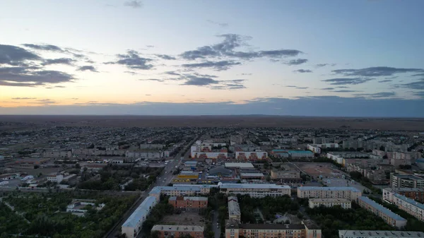 Dark Clouds Horizon Sunset Small Town Top View Drone Low — стоковое фото