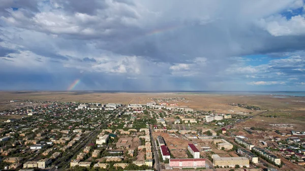 Bright Rainbow Rain City Balkhash Small Town All Wet Large — стоковое фото