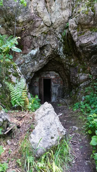 The entrance to the stone cave is hidden by greenery. Green grasses, bushes and ferns hide a small stone gorge. Artificial entrance to cave with doors. The path leads inside. Iron doors at entrance