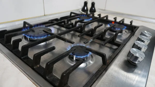 Blue Fire Burning Gas Stove Gas Home Metal Gas Stove — Stock Photo, Image