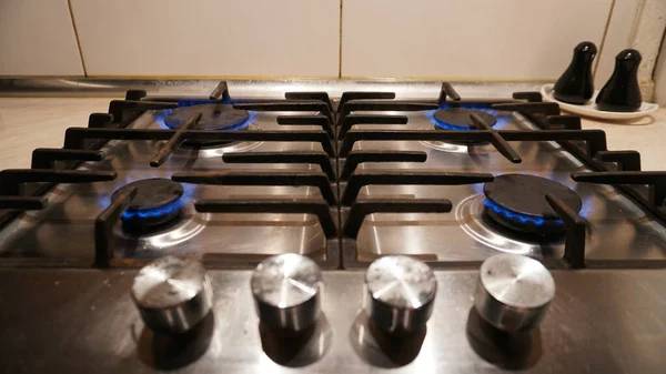 Blue Fire Burning Gas Stove Gas Home Metal Gas Stove — Stock Photo, Image