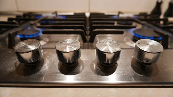 Blue Fire Burning Gas Stove Gas Home Metal Gas Stove — Stock Photo, Image