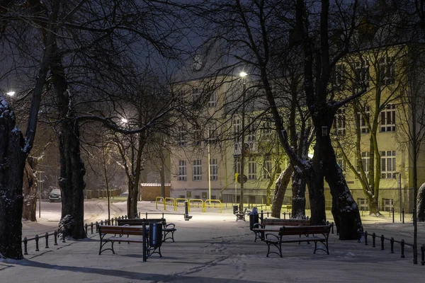 Poland Gdansk Oliwa February 2018 View Illuminated Snow Covered Old — Fotografia de Stock