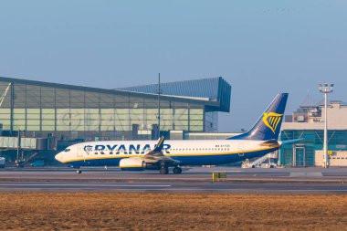 Gdansk, Poland - 11 March 2018: Plane line Ryanair landed on Lech Walesa Airport in Gdansk. Misty winter day.