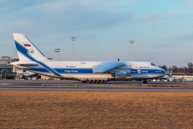 Gdansk, Poland - 21 March 2018: Antonow An-124 by Volga-Dnepr Airlines at Lech Walesa airport in Gdansk. Strategic airlift, four-engined aircraft.