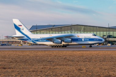Gdansk, Poland - 21 March 2018: Antonow An-124 by Volga-Dnepr Airlines at Lech Walesa airport in Gdansk. Strategic airlift, four-engined aircraft.