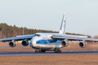 Gdansk, Poland - 21 March 2018: Antonow An-124 by Volga-Dnepr Airlines at Lech Walesa airport in Gdansk. Strategic airlift, four-engined aircraft.