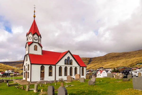 View Sandavags Kirkja Church Sandavagur Vagar Island Small Village Situated — Stock Photo, Image