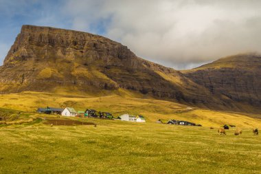 Vagar Adası 'ndaki Gasadalur manzarası. Bir tepenin yamacında küçük bir köy. Gasadalur, Faroe Adaları.
