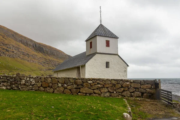 View Olaf Church Stones Fence Small Village Streymoy Island Rainy — Stock Photo, Image