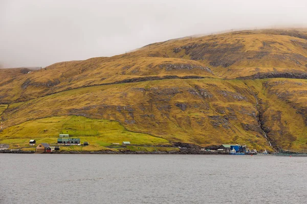 Streymoy adasındaki tepenin yamacında küçük bir liman kasabası. Vestmanna, Faroe Adaları..
