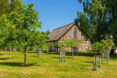 Kashubian Etnoğrafya Parkı 'ndaki açık hava müzesindeki eski çiftlik. Wdzydze Kiszewskie, Polonya.