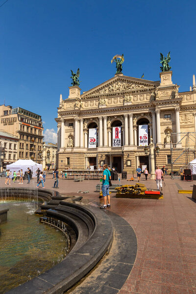 Lviv, Ukraine - 09 June 2018: The Opera House in the center of the city. The center of Lviv near the Opera House. Streets and buildings in the old town. Picture taken during a trip to Lviv.