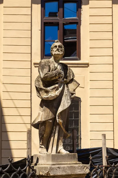 Skulptur Framför Den Latinska Katedralen Katedralen Basilikan Antagandet Gamla Stan — Stockfoto