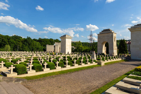 Lviv, Ukraine - 09 June 2018: The Cemetery of the Defenders of Lviv in Lychakiv Cemetery, State History and Culture Museum-Preserve, historic cemetery in Lviv.