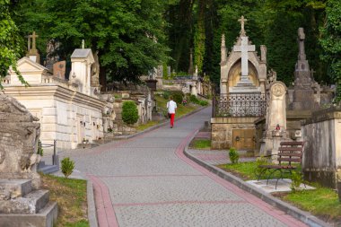 Lviv, Ukrayna - 09 Haziran 2018: Lychakiv Mezarlığı, Devlet Tarihi ve Kültür Müzesi Koruma Alanı, Lviv 'deki tarihi mezarlık.
