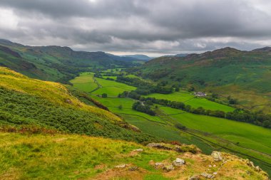 View of the Hardknott Pass, hill pass between Eskdale and the Duddon Valley in the Lake District National Park, Cumbria, England.