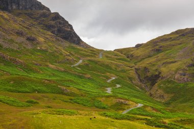 View of the Hardknott Pass, hill pass between Eskdale and the Duddon Valley in the Lake District National Park, Cumbria, England.