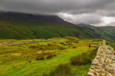 View of the Hardknott Roman Fort , archeological site, the remains of the Roman fort Mediobogdum. Lake District National Park, Cumbria, England.