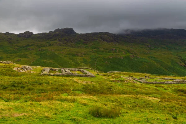 View of the Hardknott Roman Fort , archeological site, the remains of the Roman fort Mediobogdum. Lake District National Park, Cumbria, England.