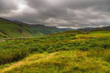 View of the Hardknott Pass, hill pass between Eskdale and the Duddon Valley in the Lake District National Park, Cumbria, England.