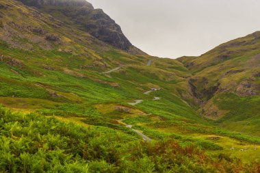 View of the Hardknott Pass, hill pass between Eskdale and the Duddon Valley in the Lake District National Park, Cumbria, England.