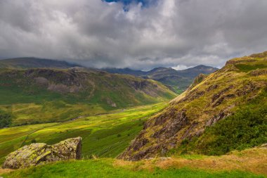 View of the Hardknott Pass, hill pass between Eskdale and the Duddon Valley in the Lake District National Park, Cumbria, England.